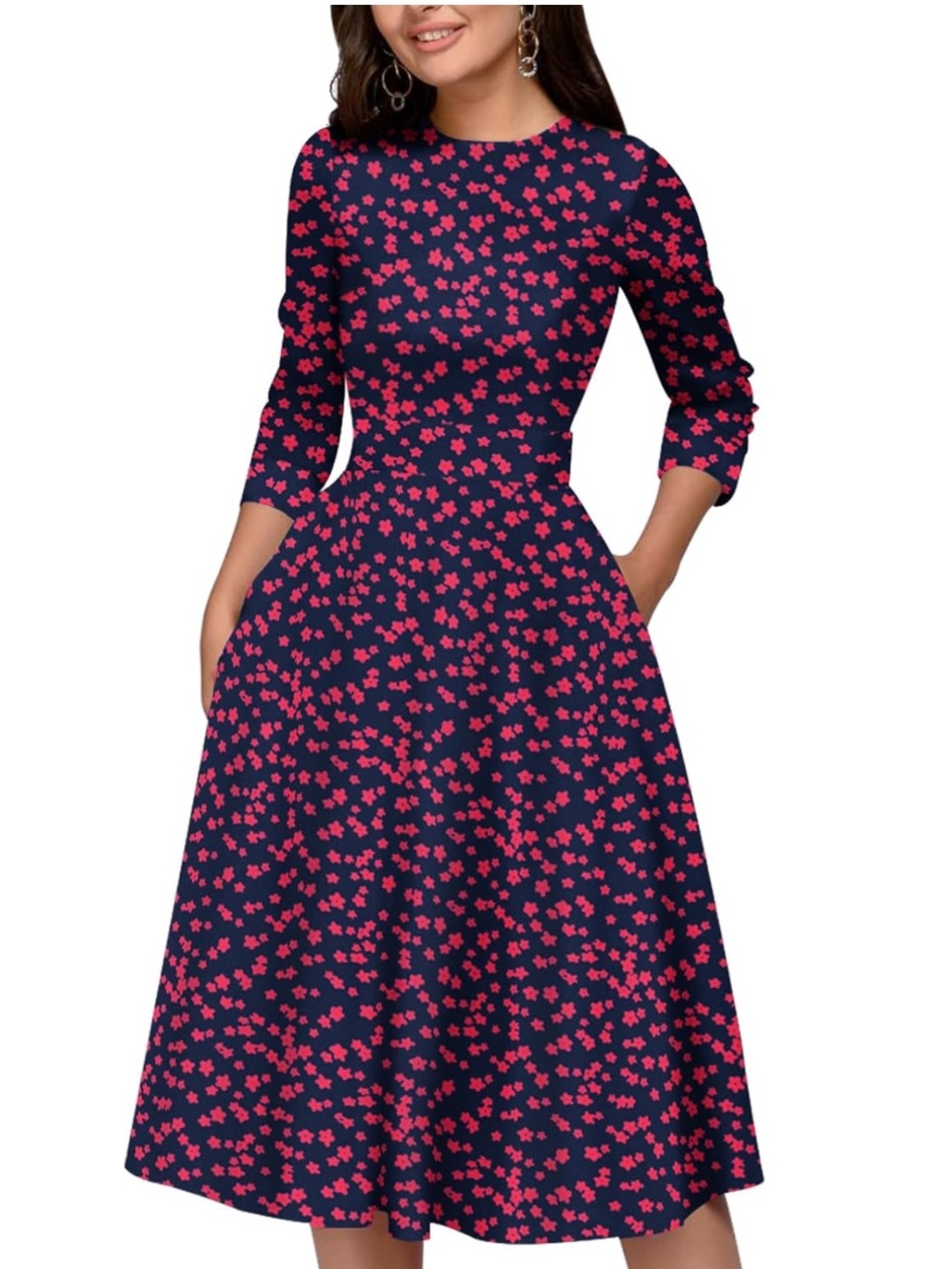 Navy & Pink Floral Fit-and-Flare Dress